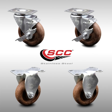 Service Caster 4 Inch SS High Temp Glass Filled Nylon Top Plate Caster Set with 2 Brake 2 Rigid SCC-SS20S414-GFNSHT-TLB-2-R-2